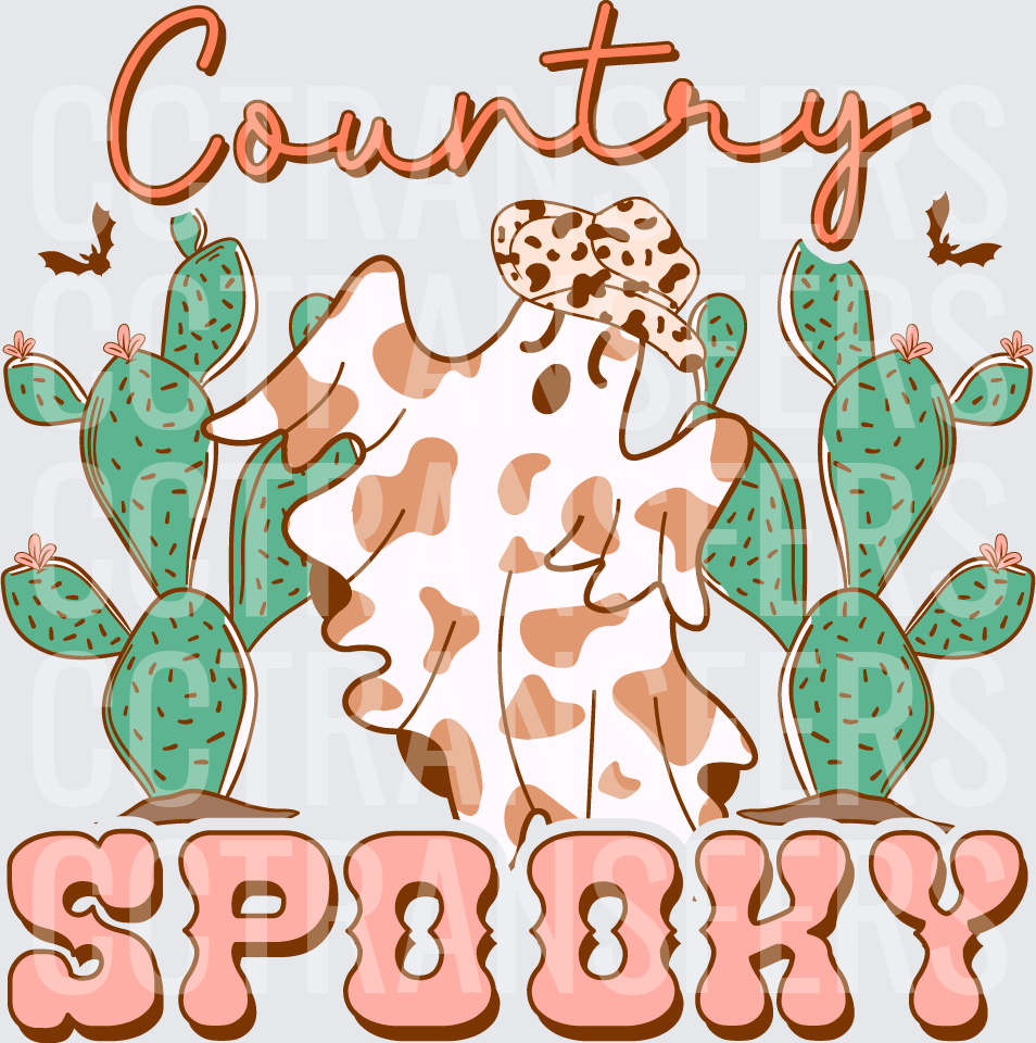 Country Spooky Cow Print Ghost Cowboy Hat Cactus Bats (DTF)