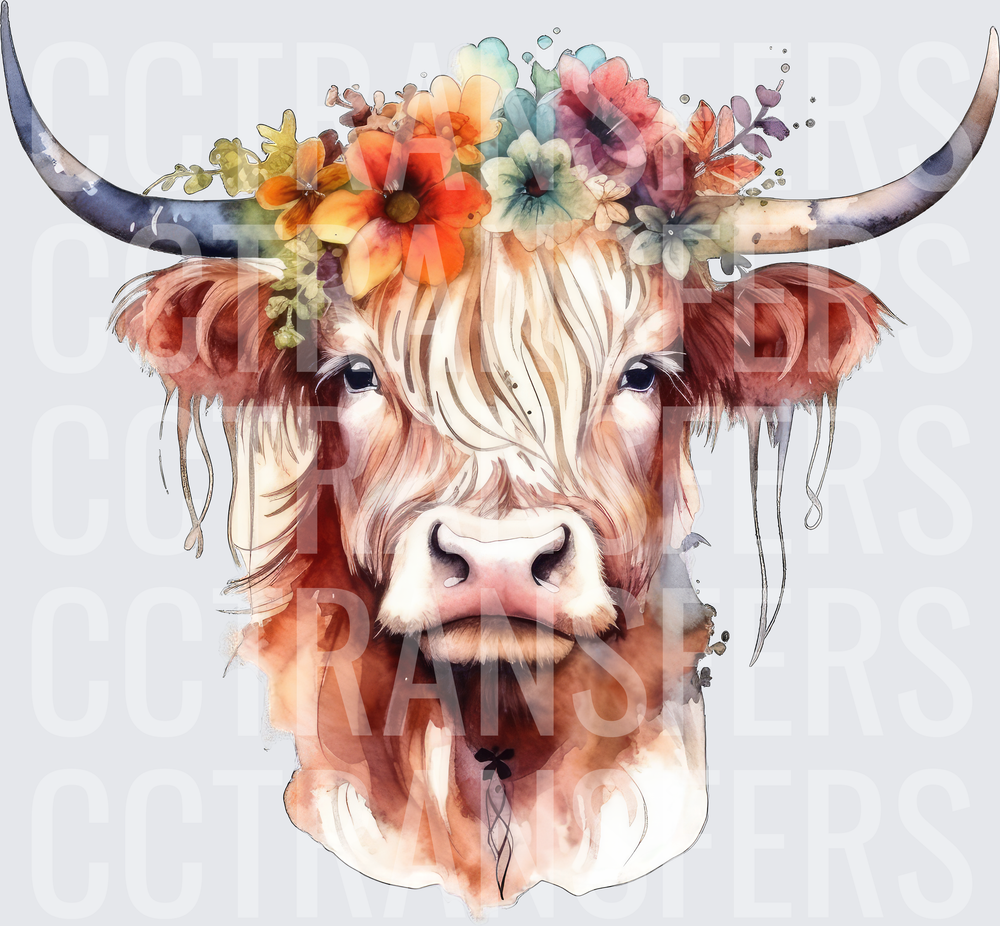 Watercolor Highland Cow Floral Crown Portrait (DTF)