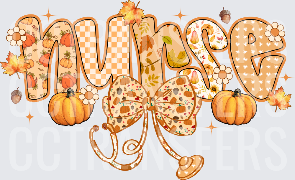 Fall Nurse Pumpkin Bow Stethoscope Autumn Leaves (DTF)