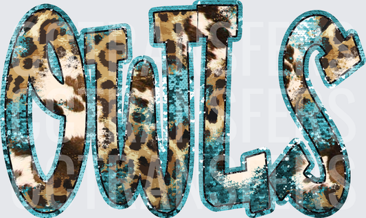 Owls Teal Sequin Leopard Cowhide Print (DTF)