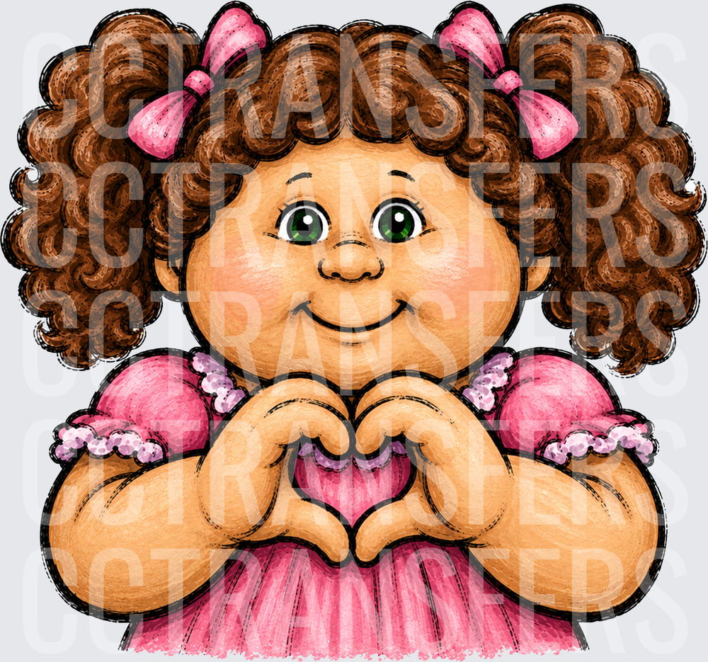 Curly Brown Hair Doll Pink Bow Heart Hands (DTF)
