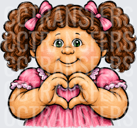 Curly Brown Hair Doll Pink Bow Heart Hands (DTF)