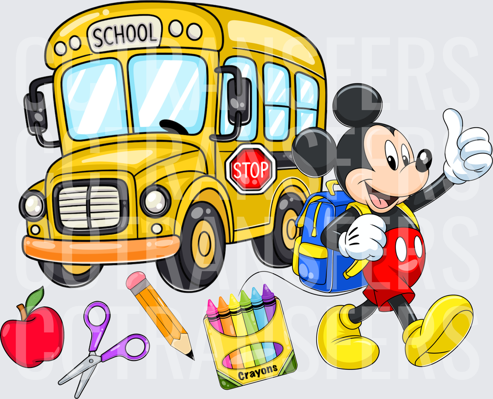 Cartoon Mouse Back to School Bus with Supplies (DTF)