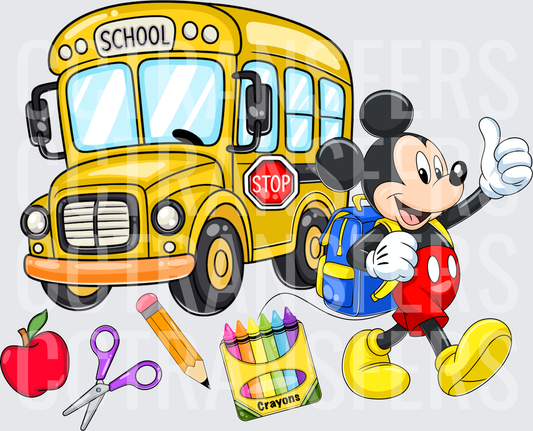 Cartoon Mouse Back to School Bus with Supplies (DTF)
