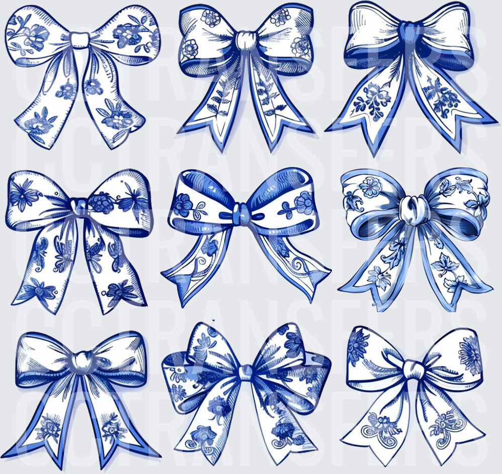 Blue and White Floral Bow Collection Set of Nine (DTF)