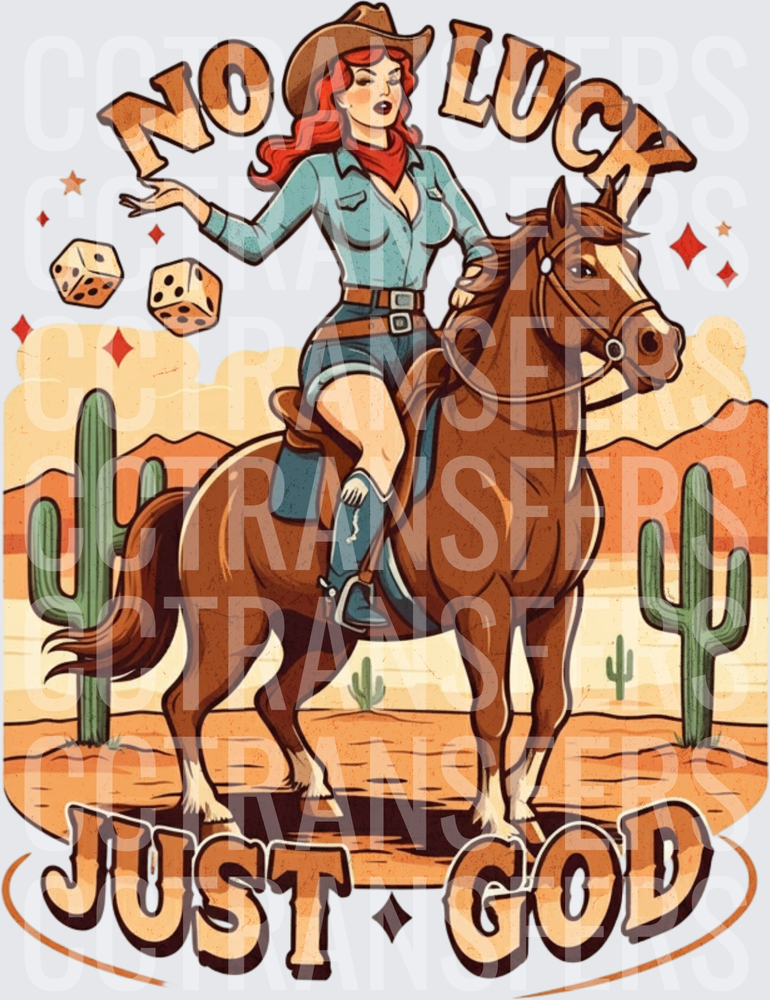 No Luck Just God Cowgirl on Horse Desert Dice (DTF)