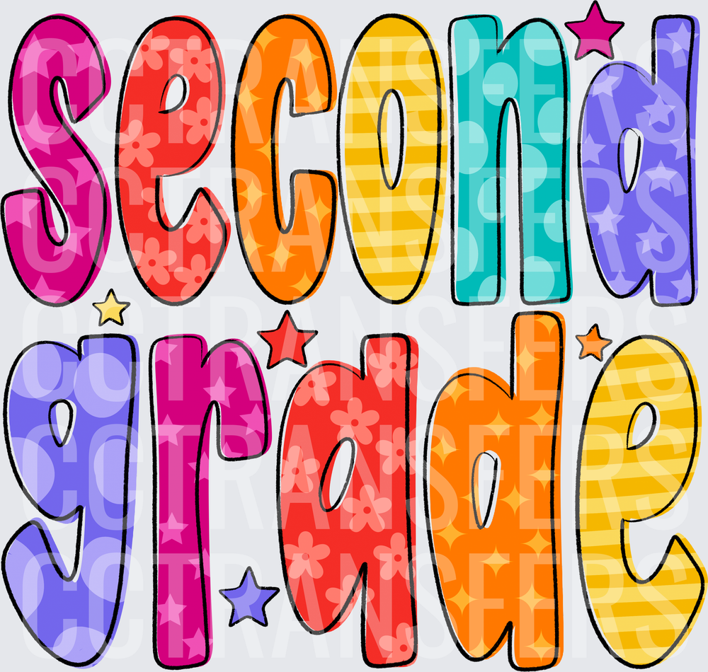 Colorful Patterned Second Grade Bold Letters with Stars (DTF)