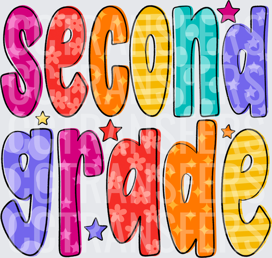 Colorful Patterned Second Grade Bold Letters with Stars (DTF)