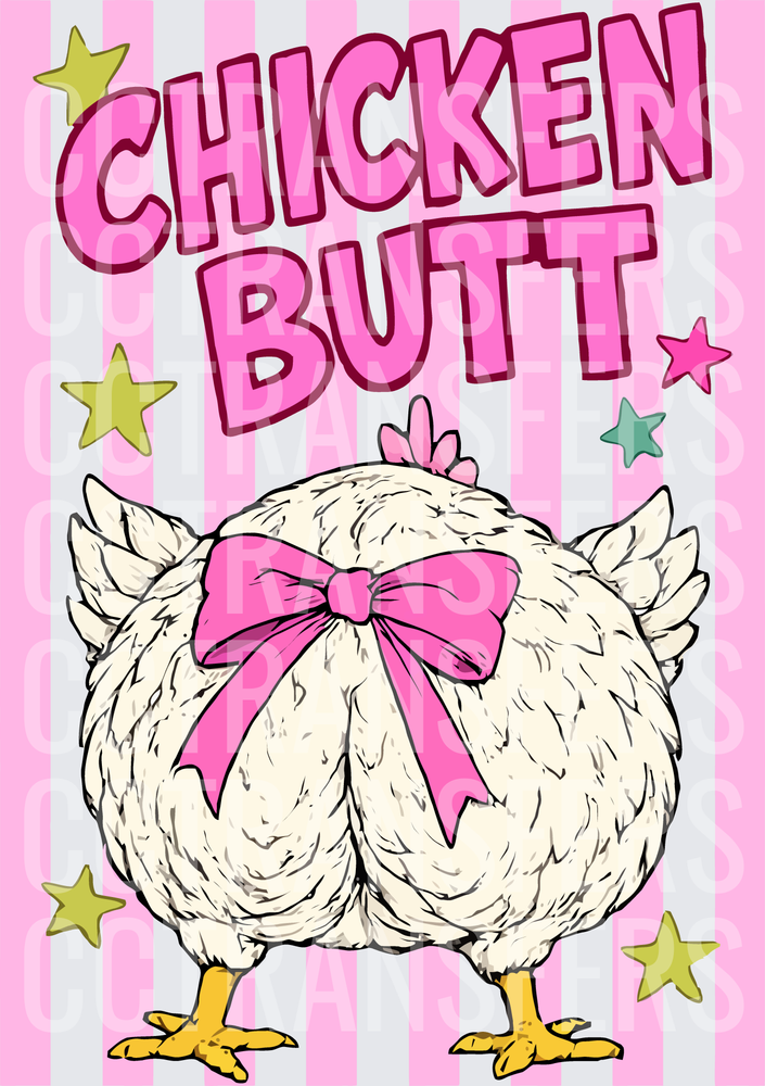 Chicken Butt Fluffy Hen with Pink Bow and Stars (DTF)