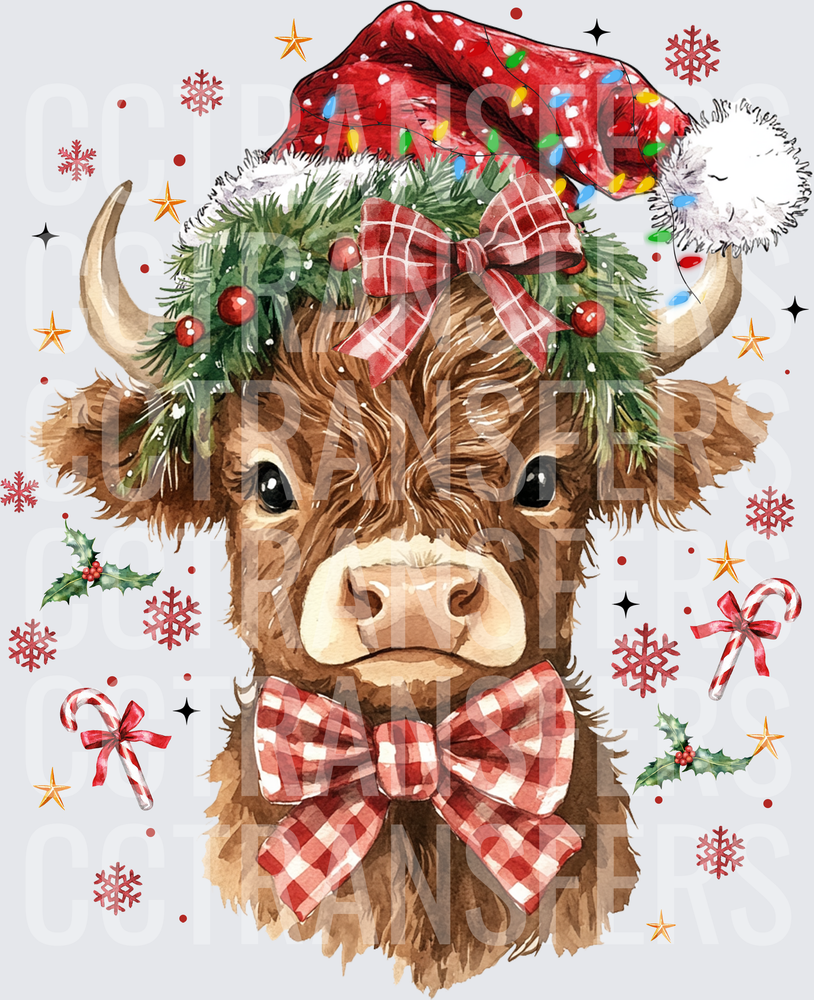 Watercolor Highland Cow Christmas Santa Hat Plaid Bow (DTF)