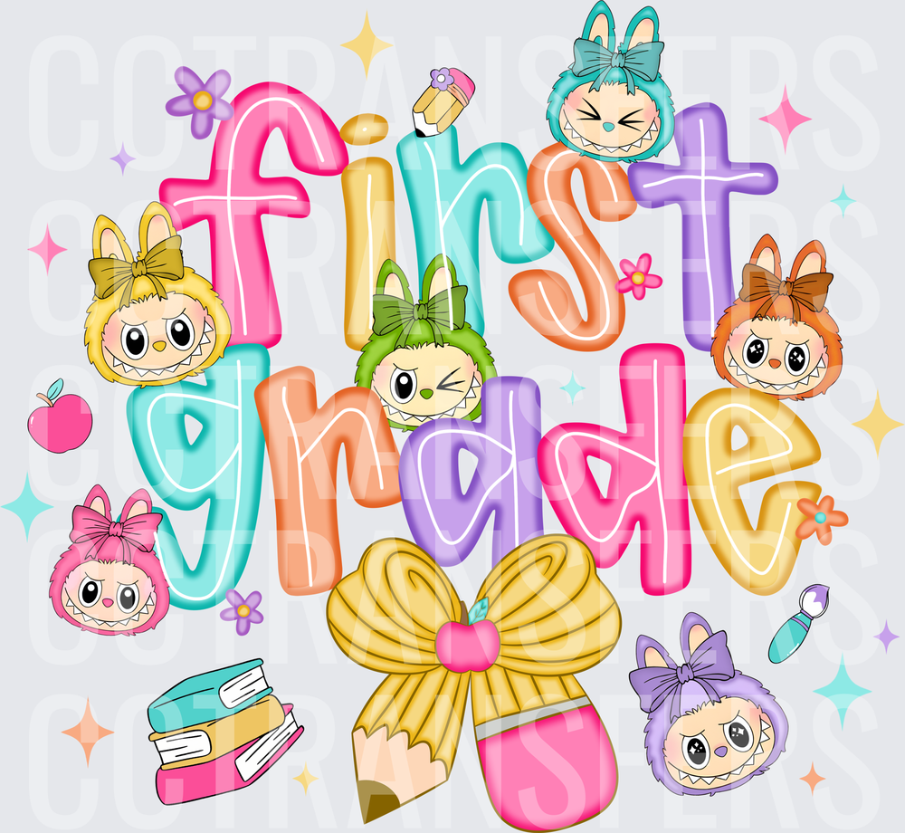 First Grade Colorful Bunny Characters School Design (DTF)