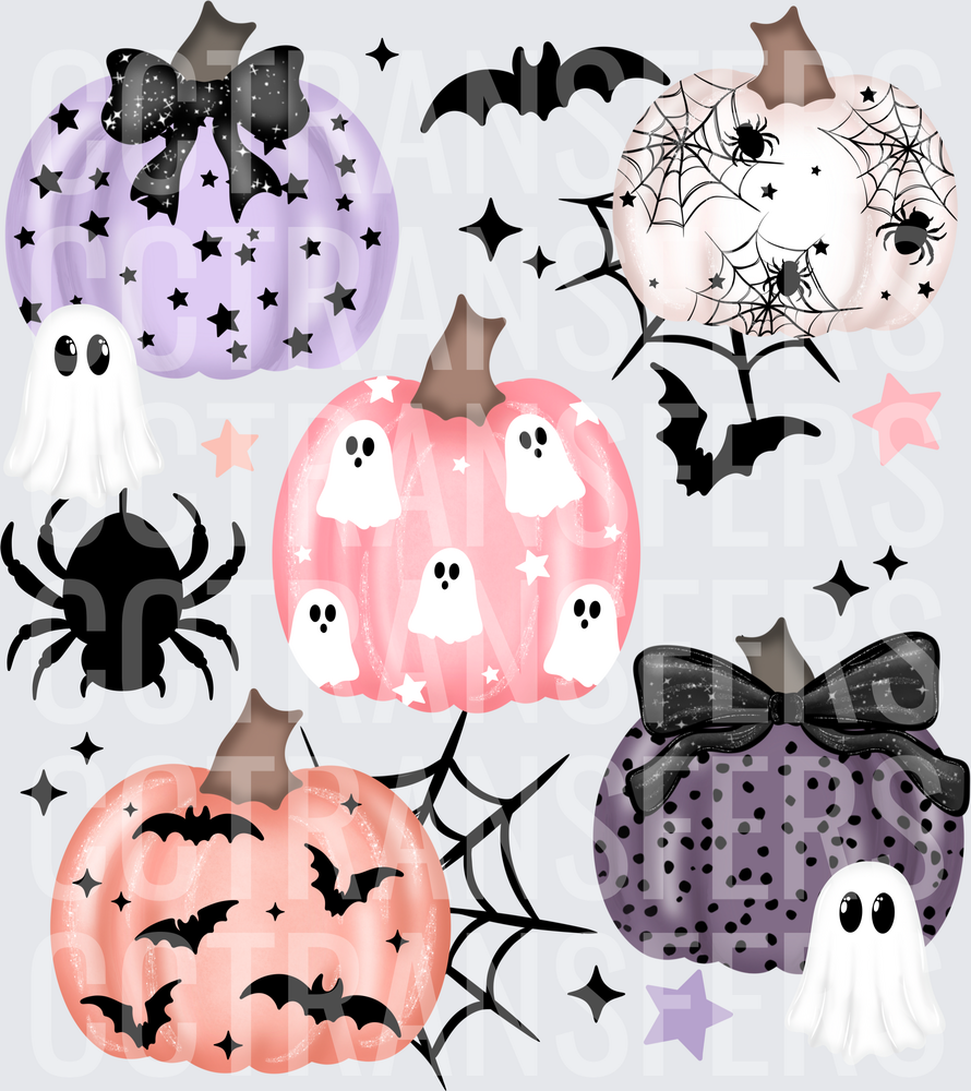 Pastel Halloween Pumpkins Ghosts Bats Spiders Bows (DTF)