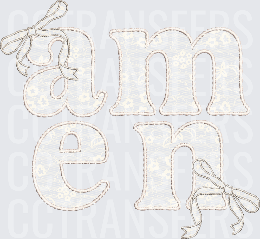 Amen Embroidery Style Letters with Ribbon Bows (DTF)