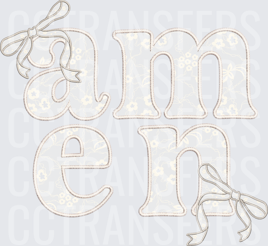 Amen Embroidery Style Letters with Ribbon Bows (DTF)