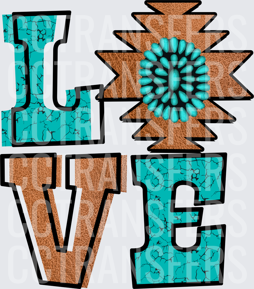 Western LOVE Turquoise Aztec Leather Crackle Letters (DTF)