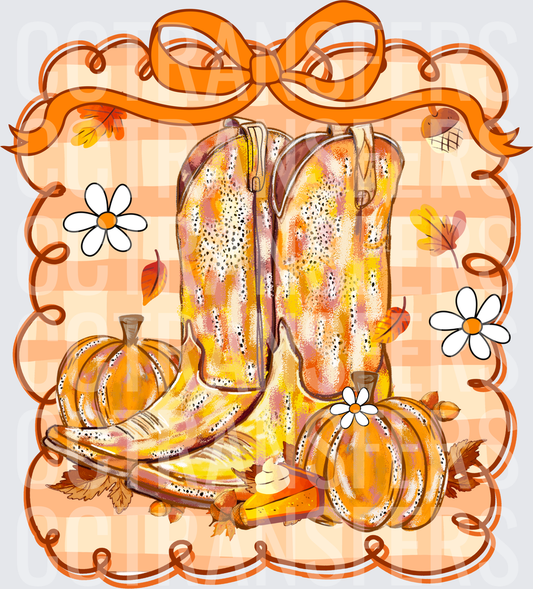 Fall Cowboy Boots Pumpkins Bow Daisy Autumn Leaves (DTF)