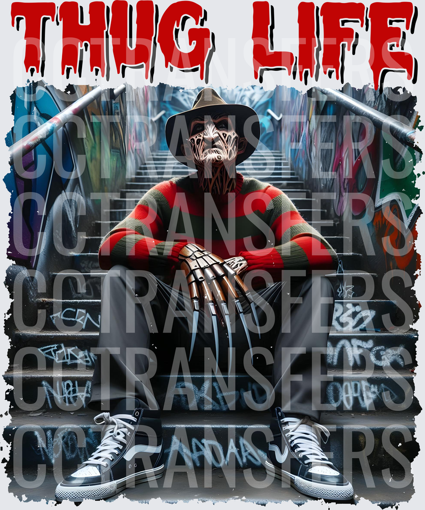 Thug Life Horror Slasher Sitting on Graffiti Stairs (DTF)