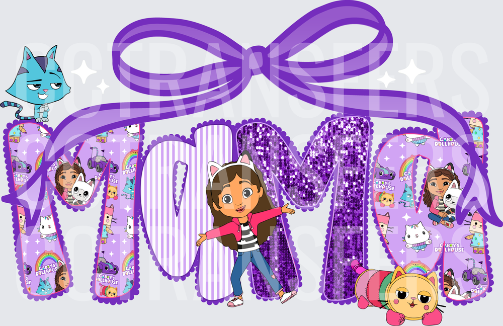 Purple MAMA Bow Dollhouse Girl & Cats Design (DTF)