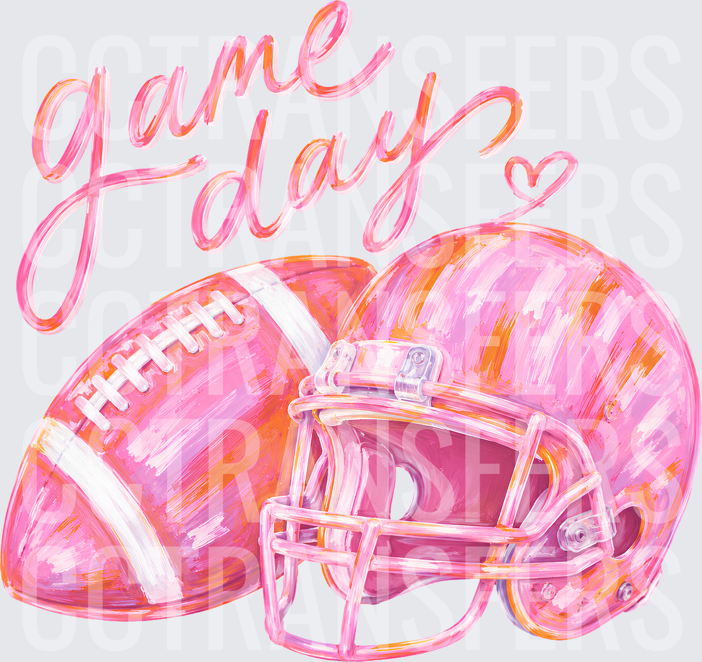 Game Day Pink Orange Football Helmet Script Heart (DTF)
