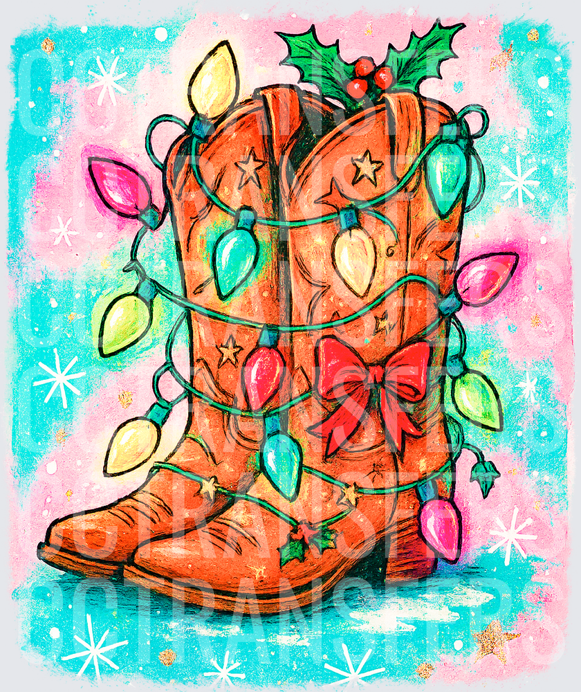 Christmas Cowboy Boots with Colorful Holiday Lights (DTF)
