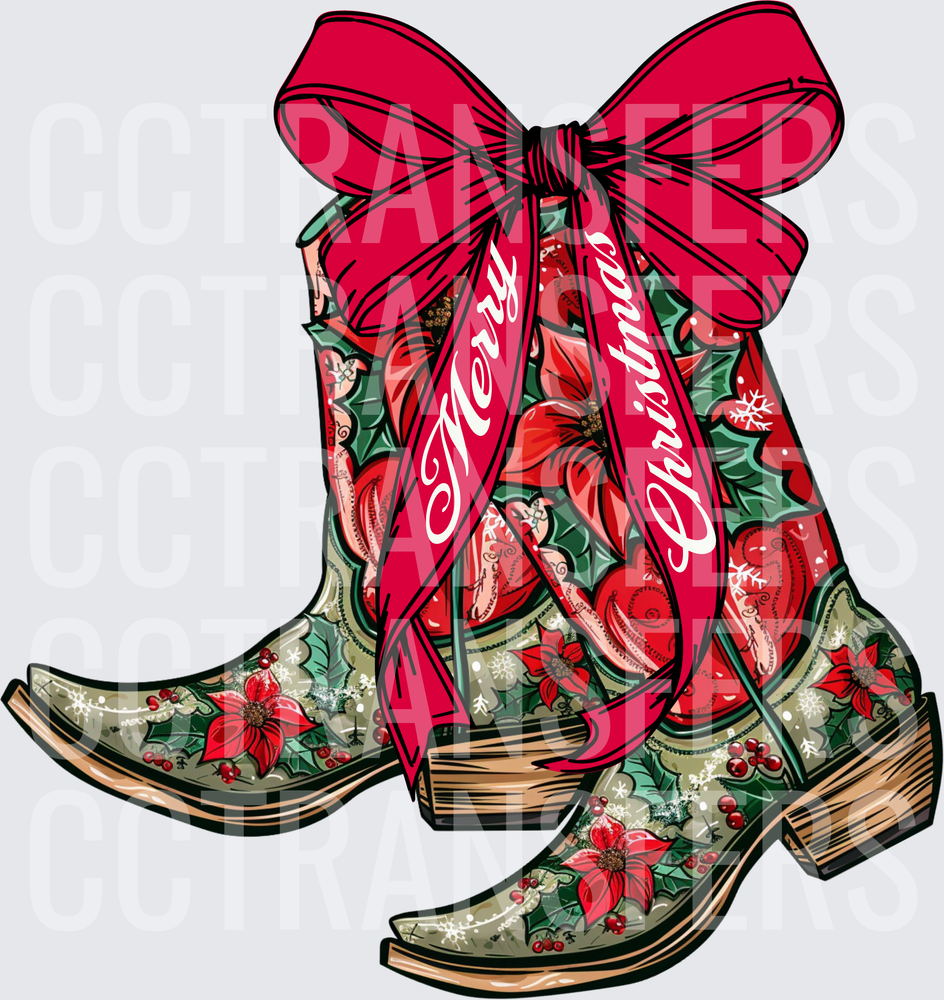Merry Christmas Floral Cowboy Boots with Red Bow (DTF)