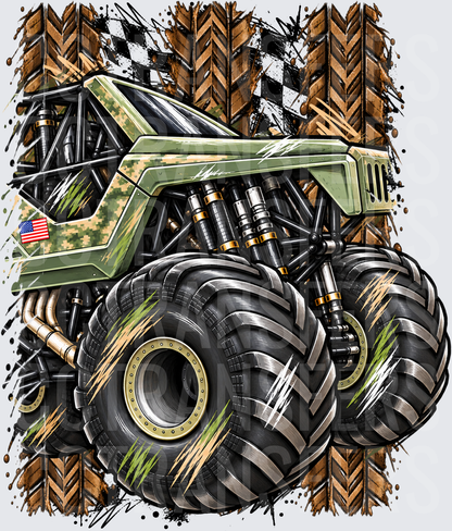 Military Camo Monster Truck American Flag Muddy Race (DTF)