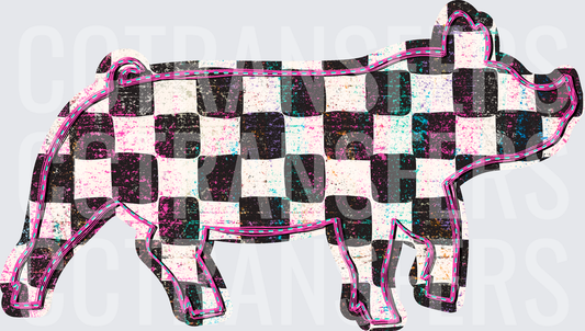 Distressed Checkered Pig Pink Outline Grunge (DTF)