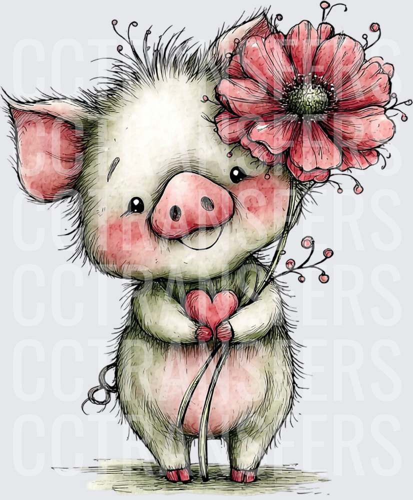 Cute Fluffy Pig Holding Pink Flower and Heart (DTF)