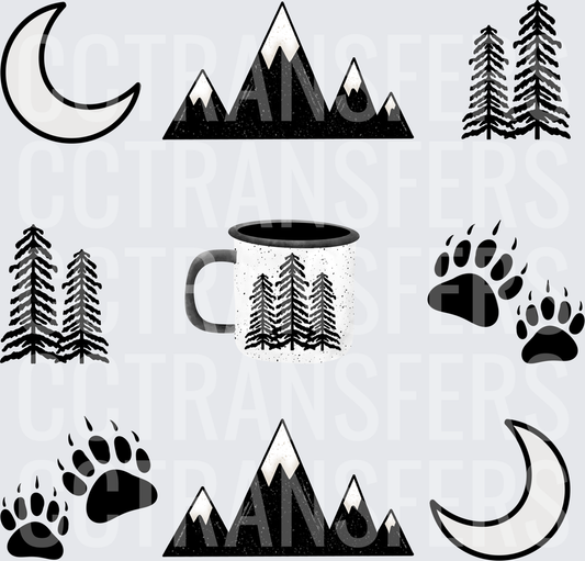 Black and White Wilderness Icons Moon Mountains Pine Trees Bear Paws Camp Mug (DTF)