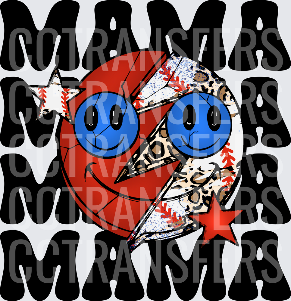 Mama Baseball Leopard Smiley Face Lightning Bolt (DTF)