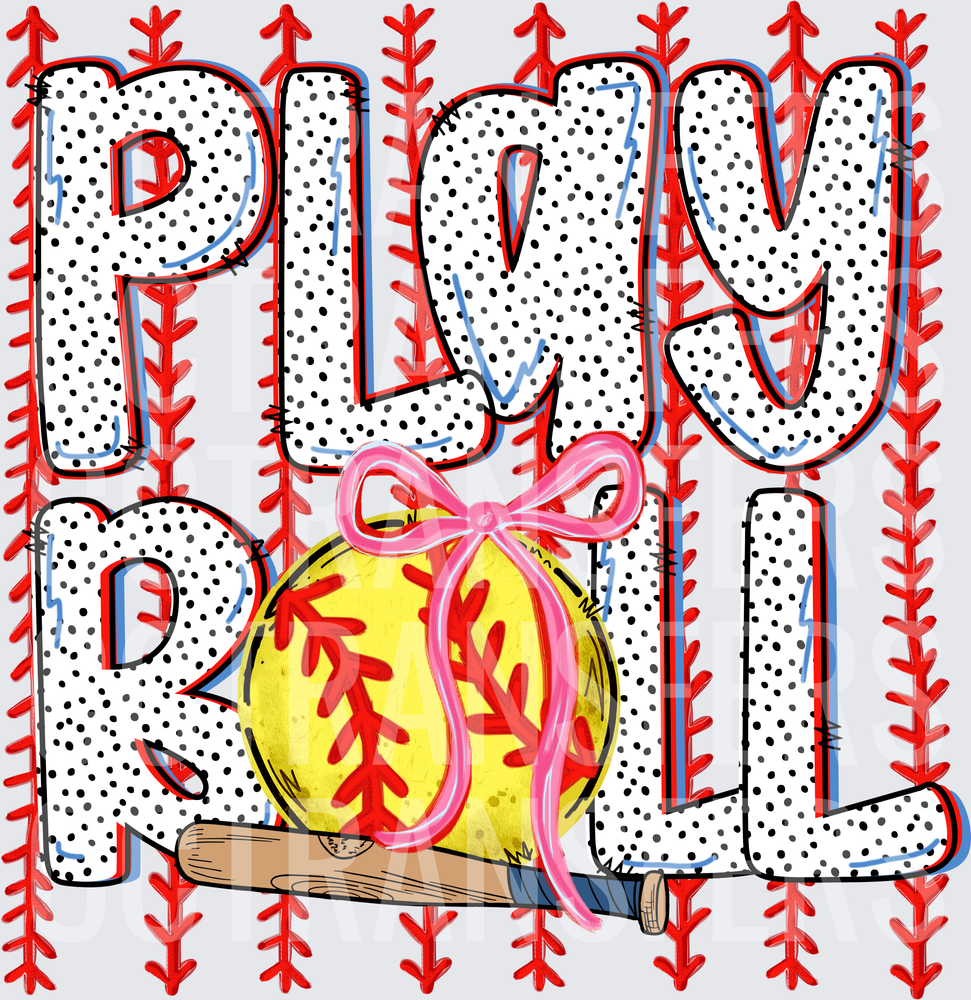 Play Ball Polka Dot Letters Softball Pink Bow Bat (DTF)