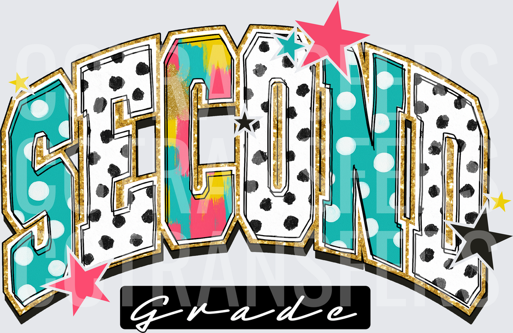 Second Grade Retro Varsity Polka Dot Gold Glitter Stars (DTF)