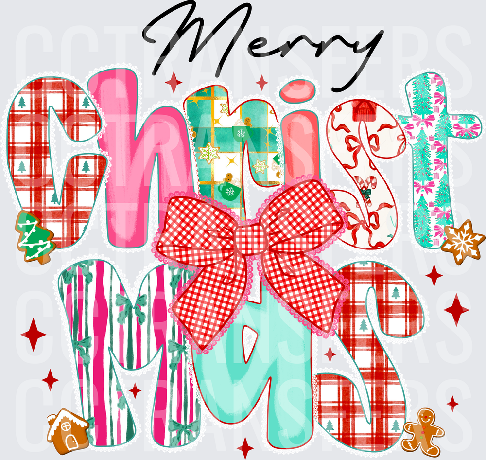 Merry Christmas Patterned Letters Red Bow Gingerbread (DTF)