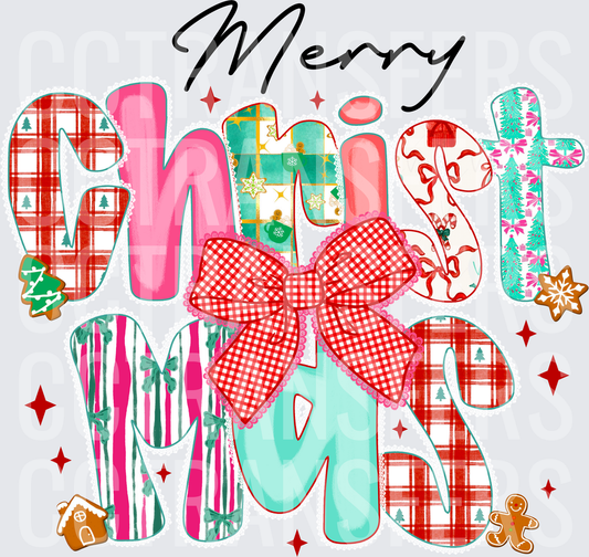 Merry Christmas Patterned Letters Red Bow Gingerbread (DTF)