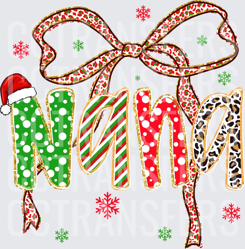 Nana Christmas Leopard Bow Polka Dot Snowflakes (DTF)