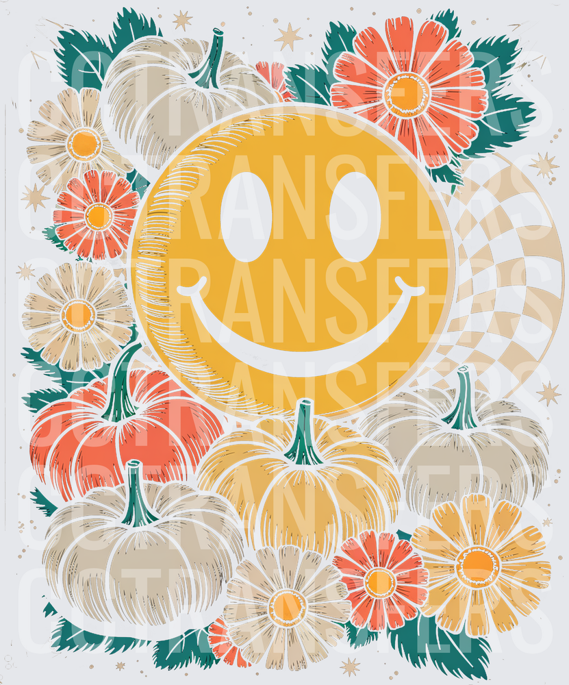 Retro Smiley Face Fall Pumpkins Floral Checkered Moon (DTF)
