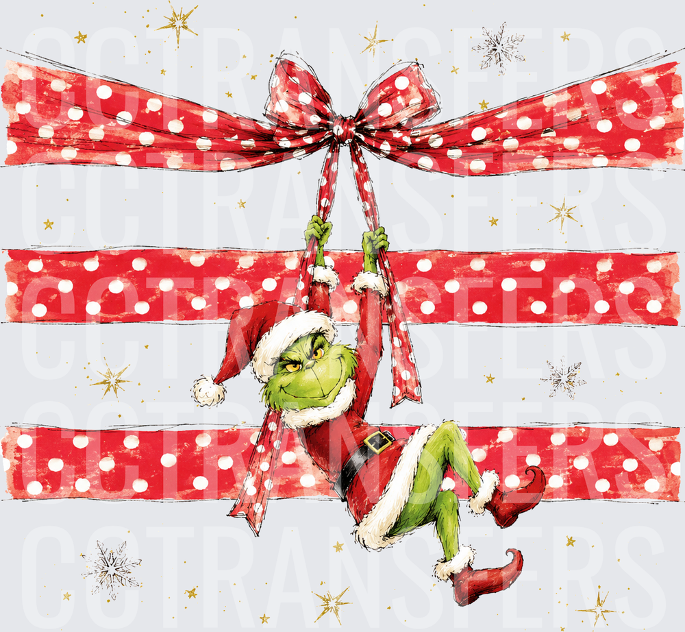 Green Fuzzy Holiday Character Hanging from Polka Dot Bow (DTF)