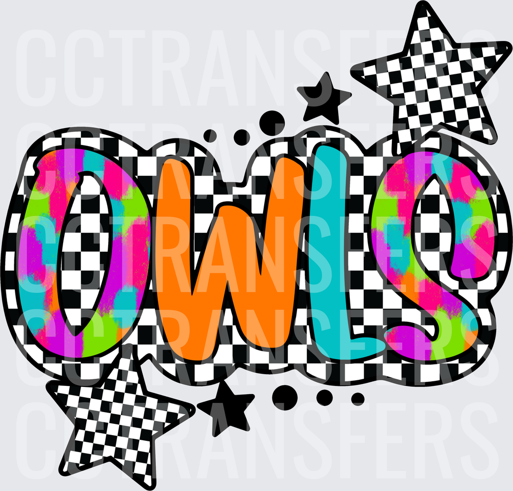 Owls Neon Tie Dye Checkered Stars Bold Lettering (DTF)