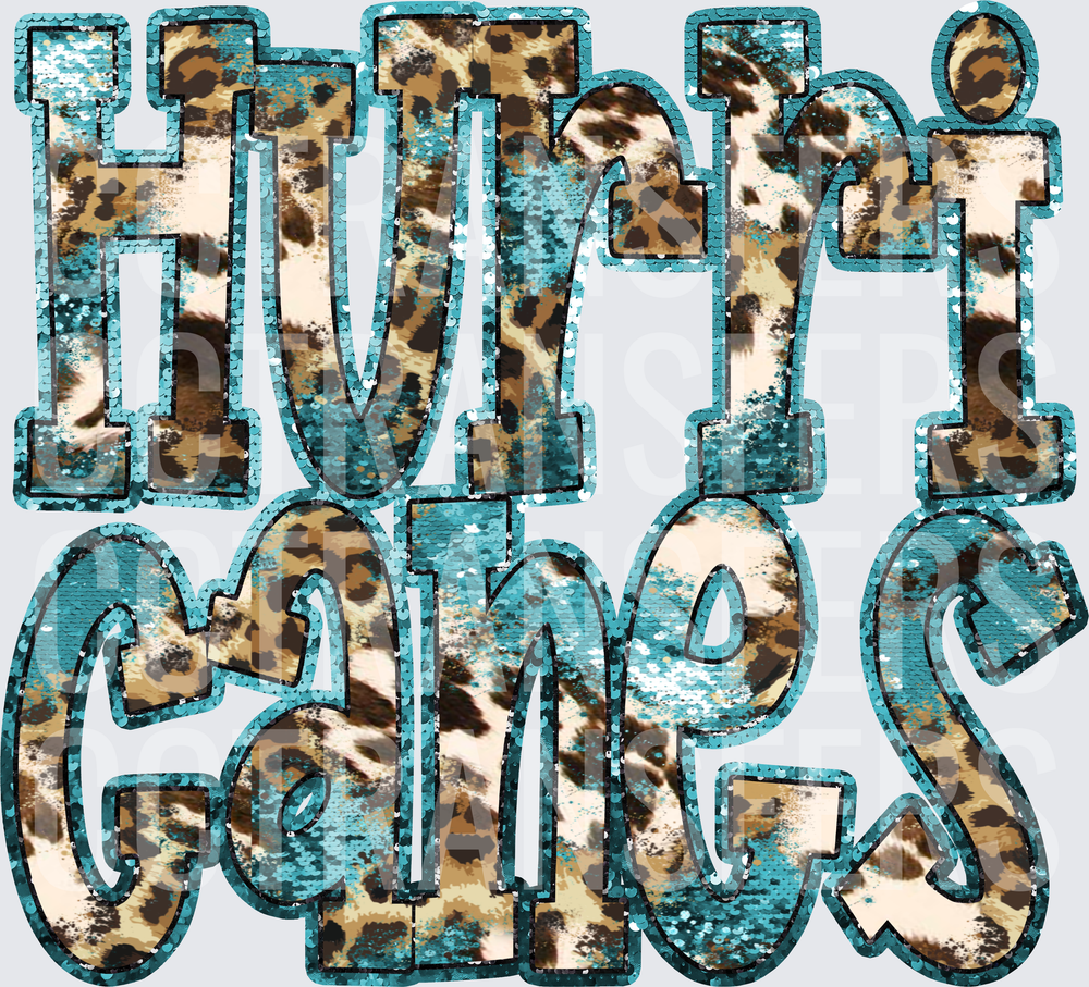 Hurricanes Teal Sequin Leopard Cowhide Letter Design (DTF)