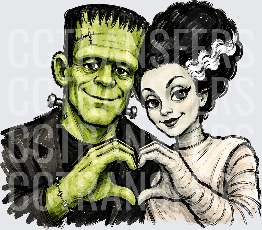 Smiling Green Monster Couple With Neck Bolts (DTF)