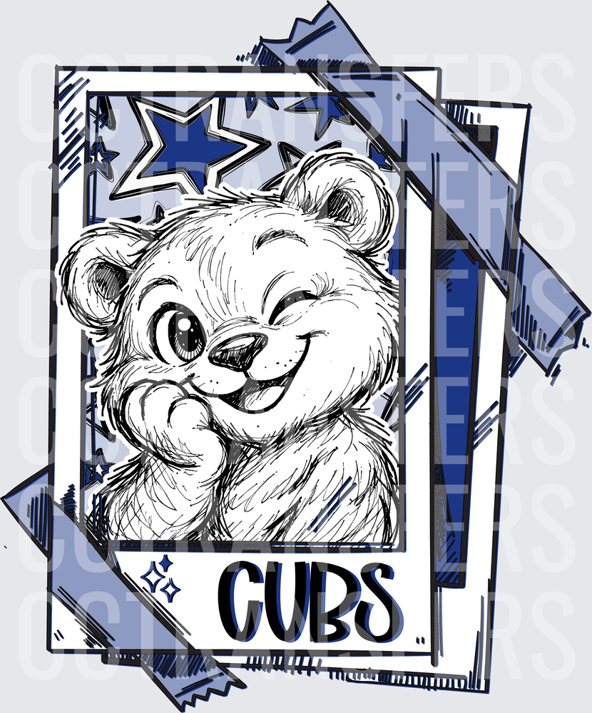 Smiling Baby Bear Cubs Polaroid Sketch Blue Stars (DTF)