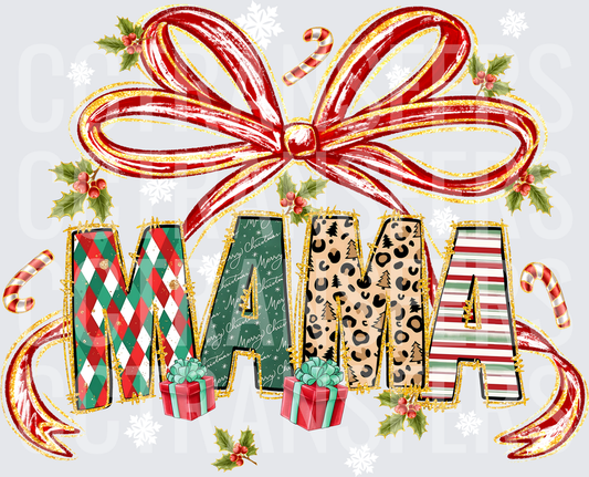 Christmas Mama Leopard Plaid Stripe Bow Holly Design (DTF)