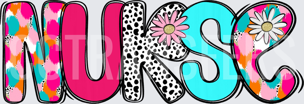 Nurse Bold Mixed Pattern Letters with Daisy Accents (DTF)