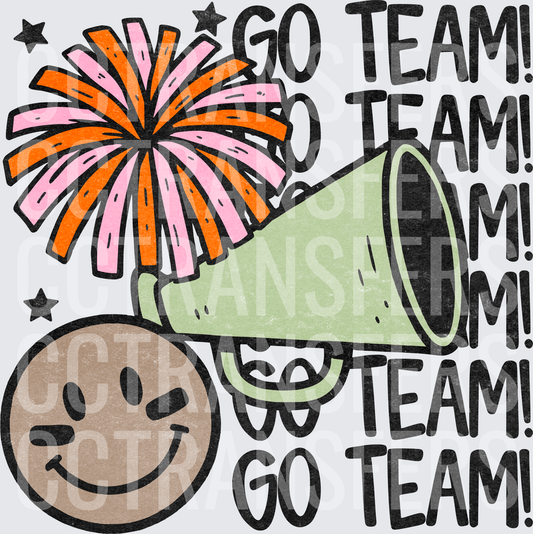 Go Team Cheer Pom Pom Megaphone Smiley Face (DTF)