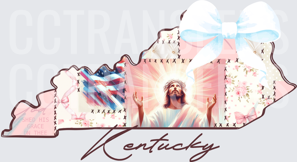 Kentucky State Shape Jesus Raised Hands Flag Floral God Shed His Grace On Thee (DTF)