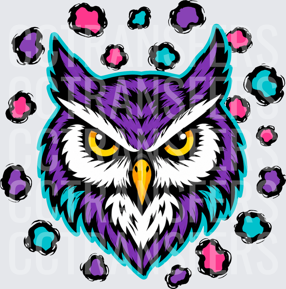Fierce Purple Owl Head with Colorful Paw Print Spots (DTF)
