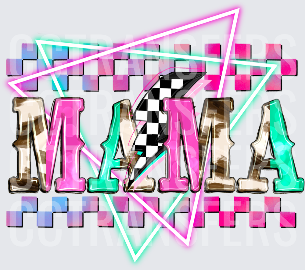 Retro Neon Mama Checkered Lightning Bolt Cowhide (DTF)