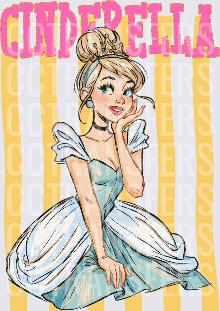 Cinderella Princess Crown Blue Gown Striped Background (DTF)