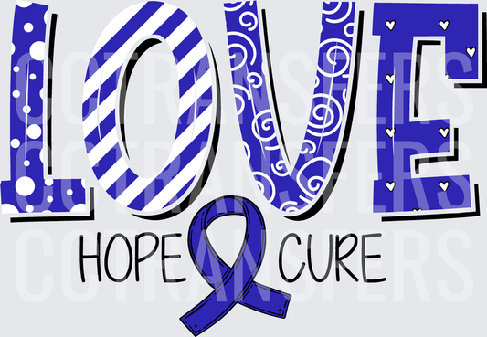Love Hope Cure Blue Awareness Ribbon Patterned Letters (DTF)