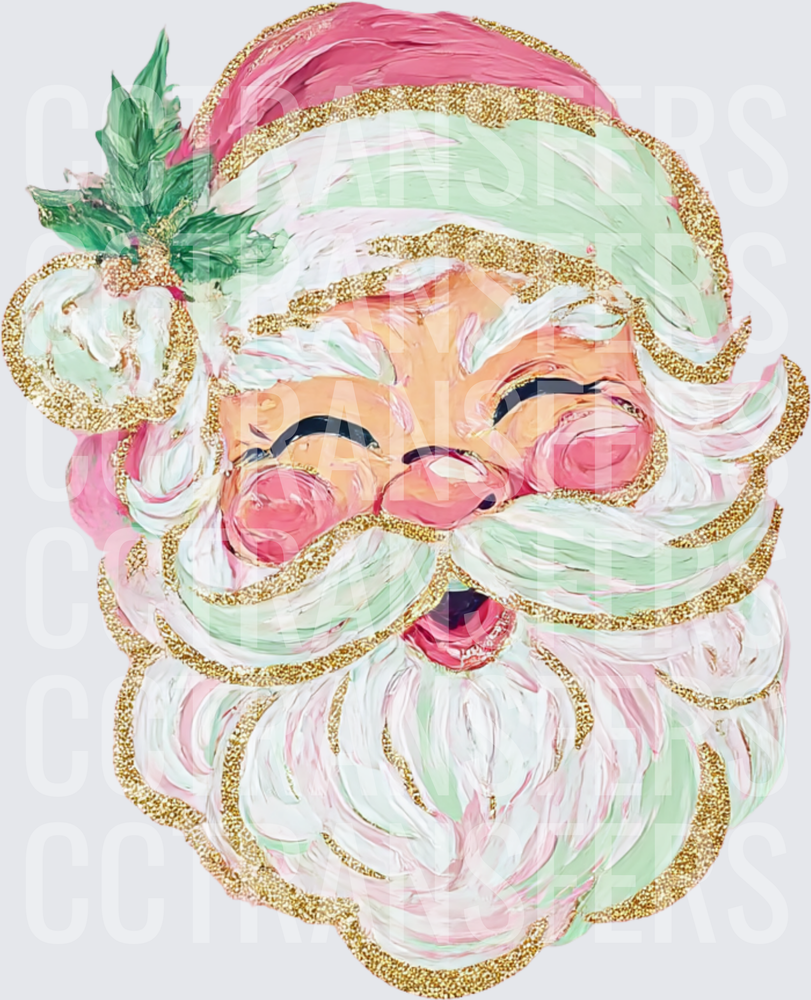Retro Pink Mint Gold Glitter Santa Claus Face (DTF)